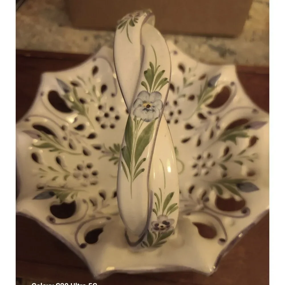 Hand‎ Painted Purple Pansies Ceramic Reticulated Basket Braided Handle Portugal
